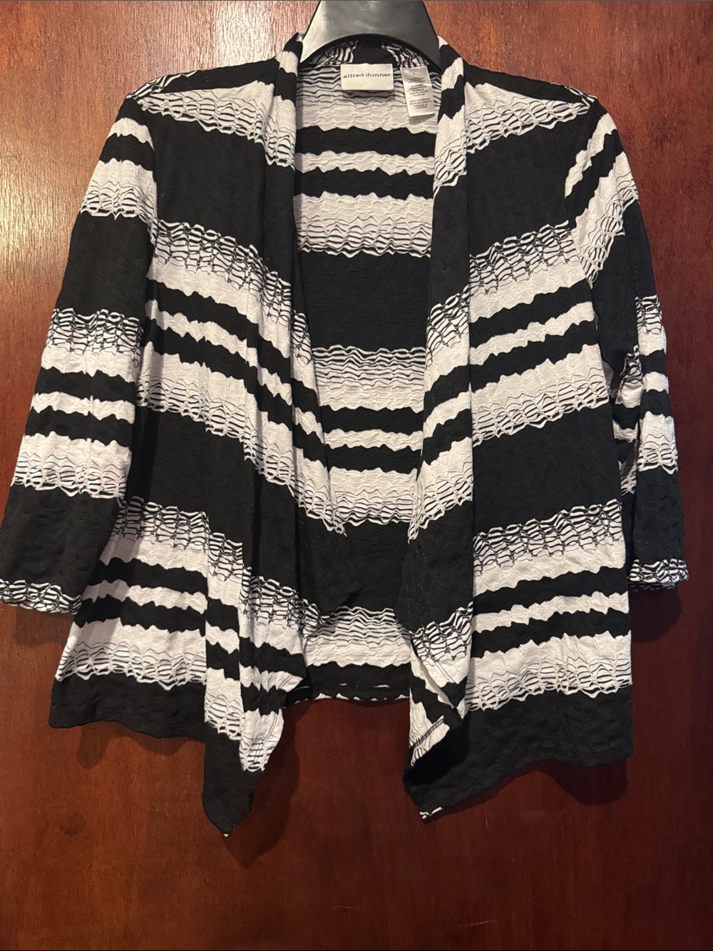 Alfred Dunner Black and White Striped Open-Front Cardigan